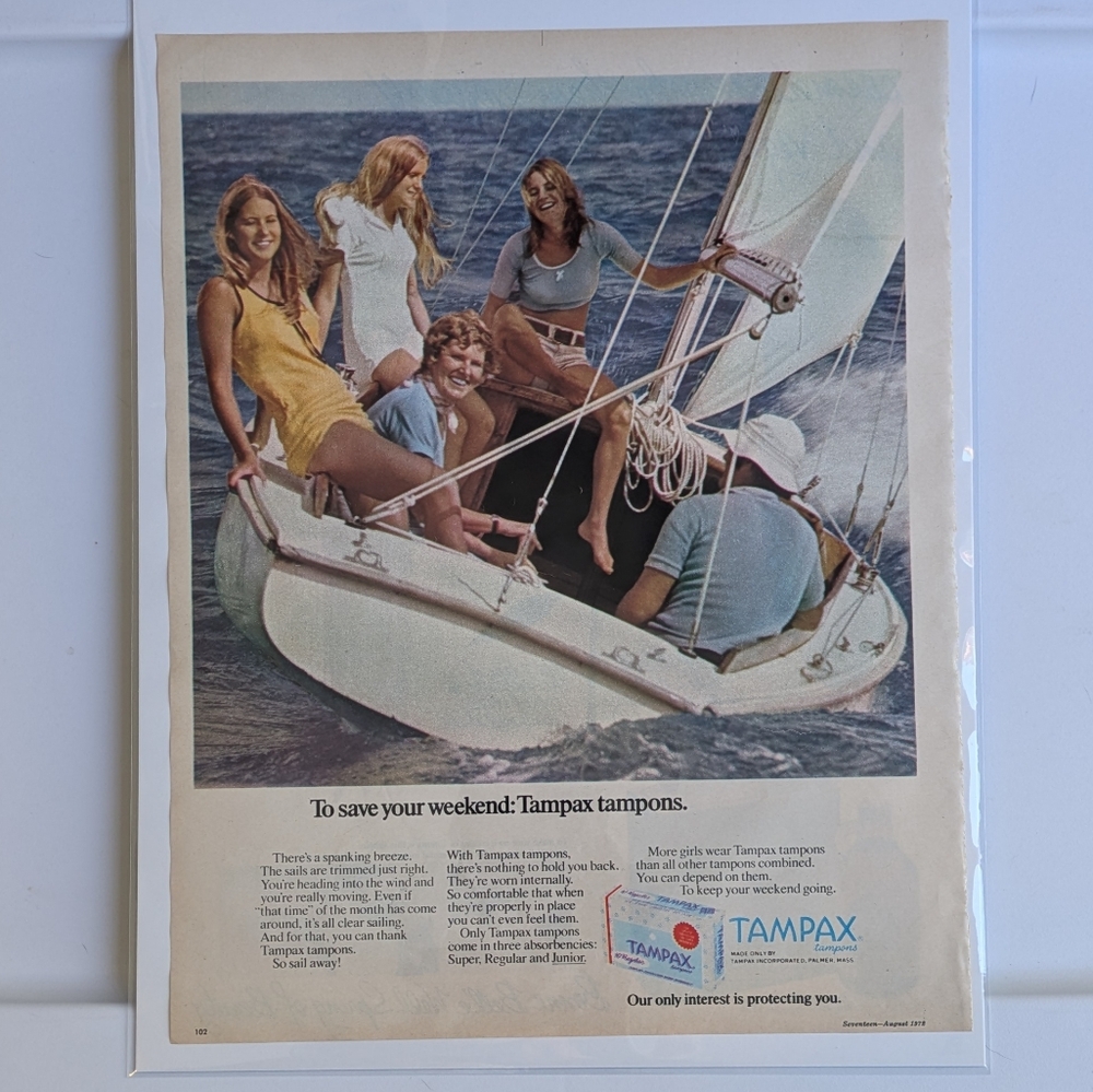 Tampax 1972 Seventeen Magazine Vintage Ad, Feminine Hygiene Wall Hanging, 70s